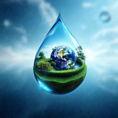 Primary subject: A drop of water with a picture of a green earth inside it.

Setting/background: The background is a blue sky with clouds.

Visual style: The image is a digital art or illustration.

Colors and mood: The dominant colors are blue and green, creating a serene and calming atmosphere.